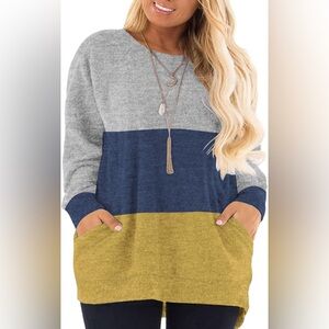 DOLNINE Women's Sweatshirt Color Block Long Sleeve Pocket Shirts Tops Size 14W